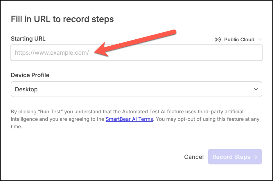 Fill in URL to record Steps Fill in URL to record Steps